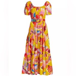 FARM RIO Neon Macaws Puff Sleeve Maxi Dress Size XL Belt With Beads